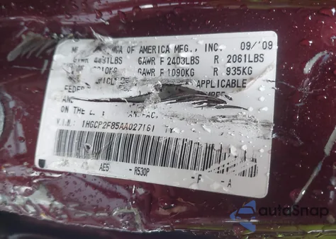 2010 Honda Accord 2.4 Ex-L z USA, uszkodzony, nr VIN 1HGCP2F85AA027161